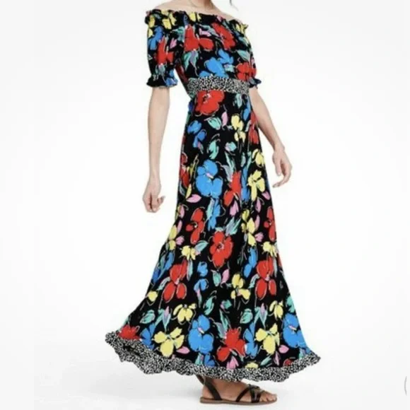 NWT RIXO  Floral Off the Shoulder Puff Maxi Dress Black 14 - Picture 5 of 16